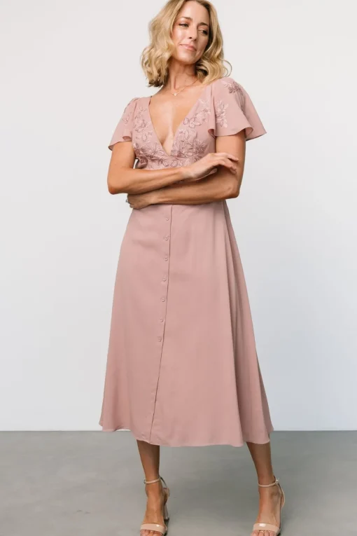 Swan Bead Embroidered Midi Dress | Dusty Rose