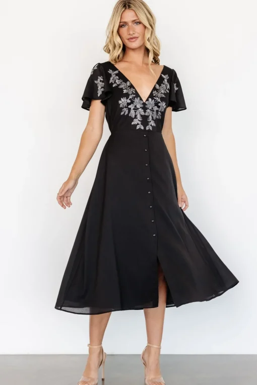 Swan Bead Embroidered Midi Dress | Black
