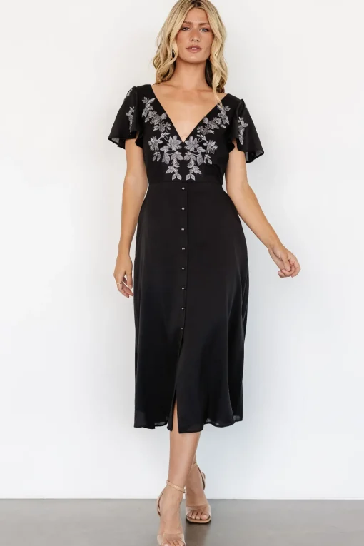 Swan Bead Embroidered Midi Dress | Black