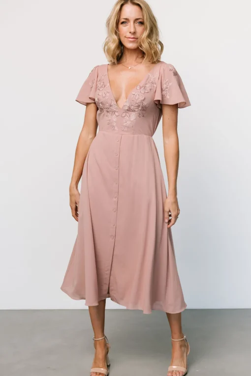 Swan Bead Embroidered Midi Dress | Dusty Rose