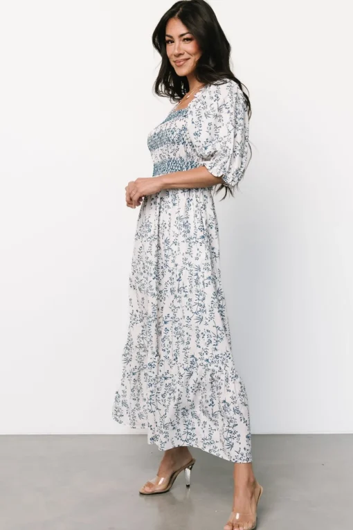 Tulsa Smocked Dress | Off White + Blue