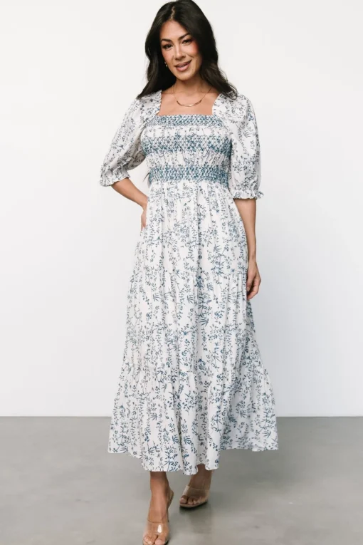 Tulsa Smocked Dress | Off White + Blue