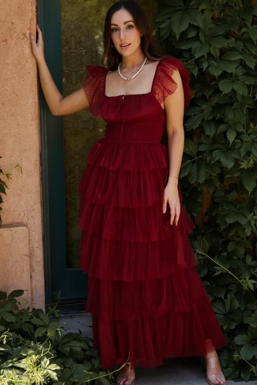 Valora Swiss Dot Tulle Maxi Dress | Wine