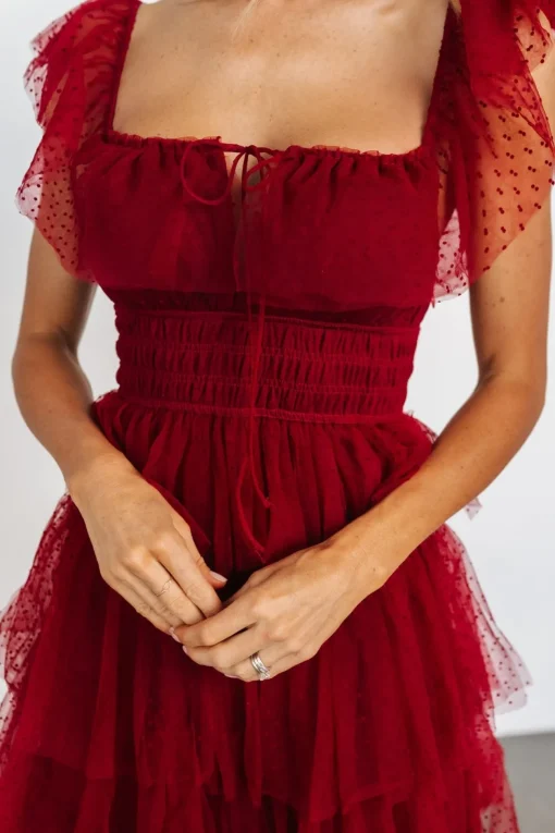 Valora Swiss Dot Tulle Maxi Dress | Wine