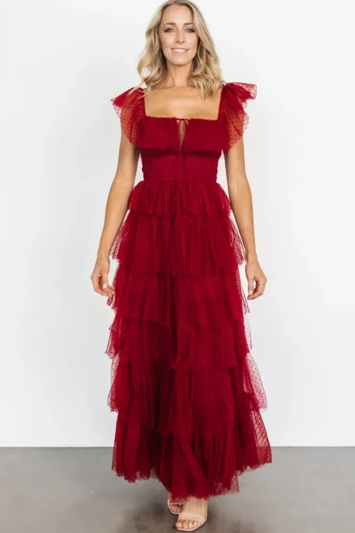 Valora Swiss Dot Tulle Maxi Dress | Wine
