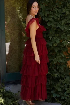 Valora Swiss Dot Tulle Maxi Dress | Wine