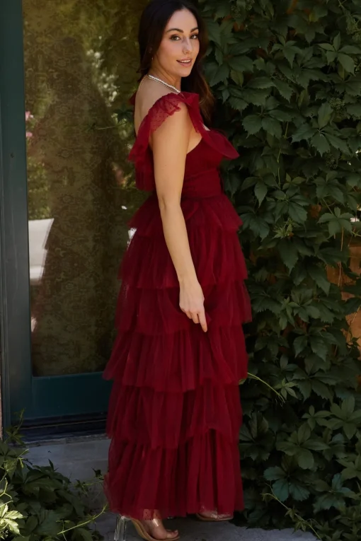 Valora Swiss Dot Tulle Maxi Dress | Wine