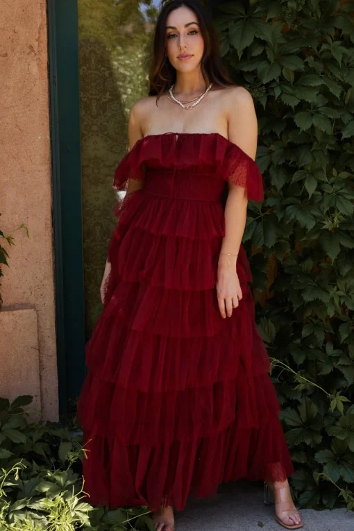 Valora Swiss Dot Tulle Maxi Dress | Wine