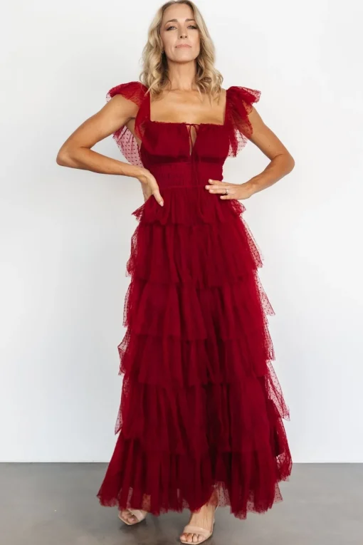 Valora Swiss Dot Tulle Maxi Dress | Wine
