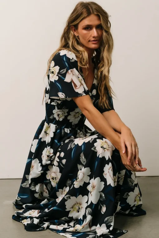 Verona Smocked Maxi Dress | Navy + White Floral